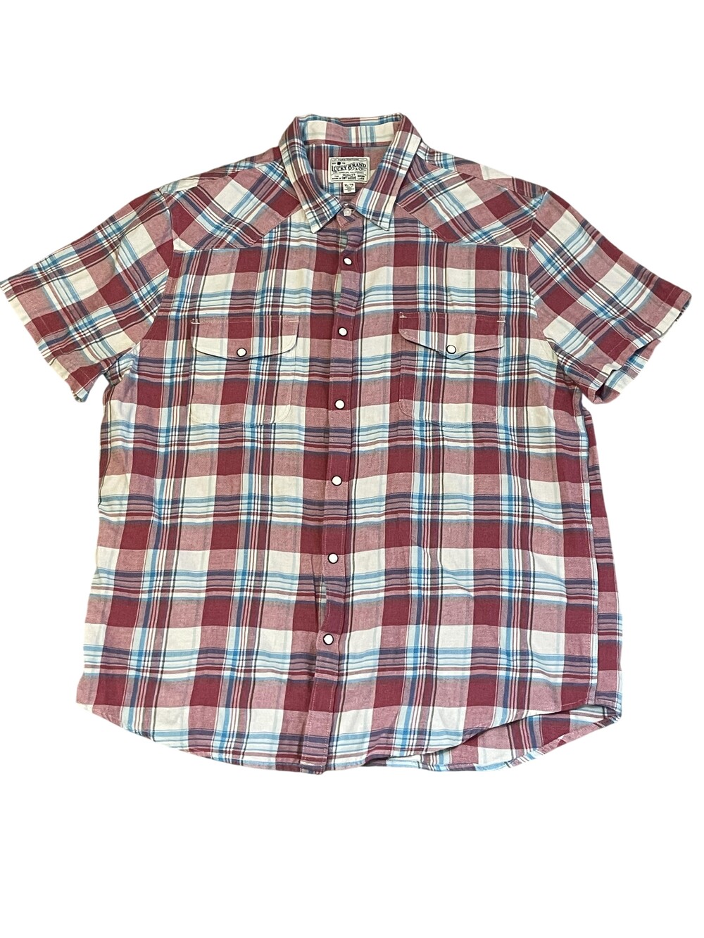 Lucky Brand Shirt Mens Extra Large Red Blue Plaid Western Snap Short Sleeve